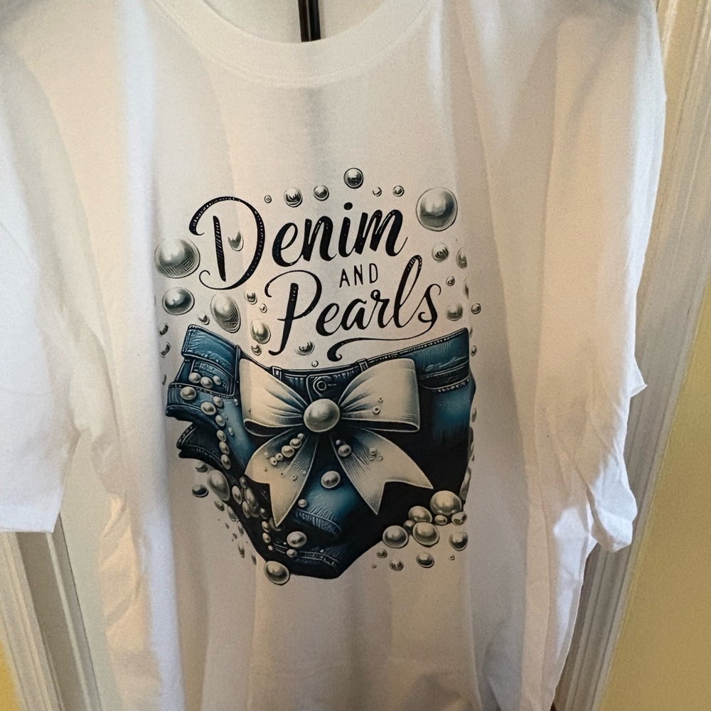Denim and Pearls Graphic Tee - White with Blue Print